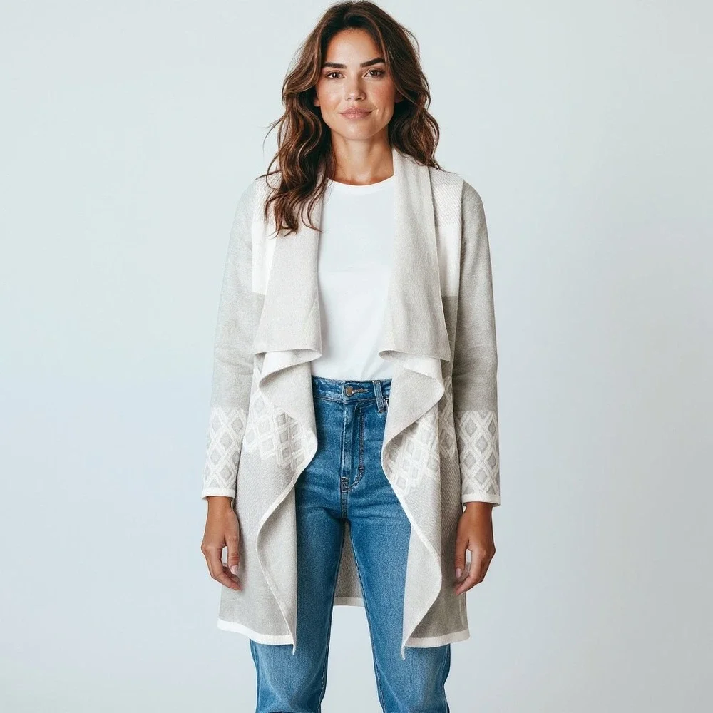 Evolution by Cyrus Cardigan Women M Grey Excellent Draped Waterfall Knit Sweater